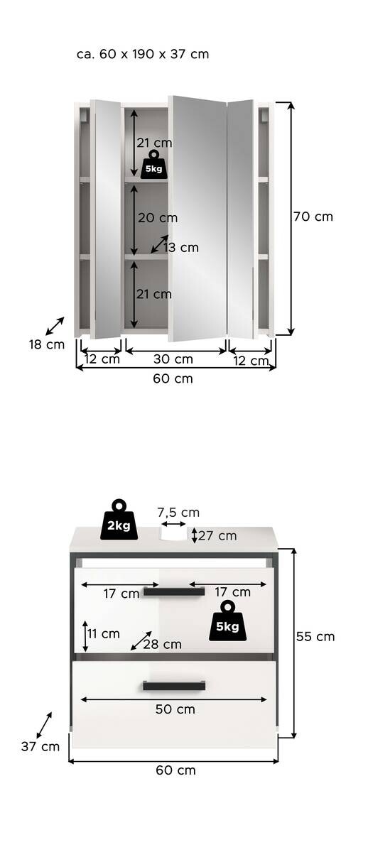Badblock KOJAK weiß weiß Hochglanz anthrazit B/H/T: ca. 60x188x37 cm
