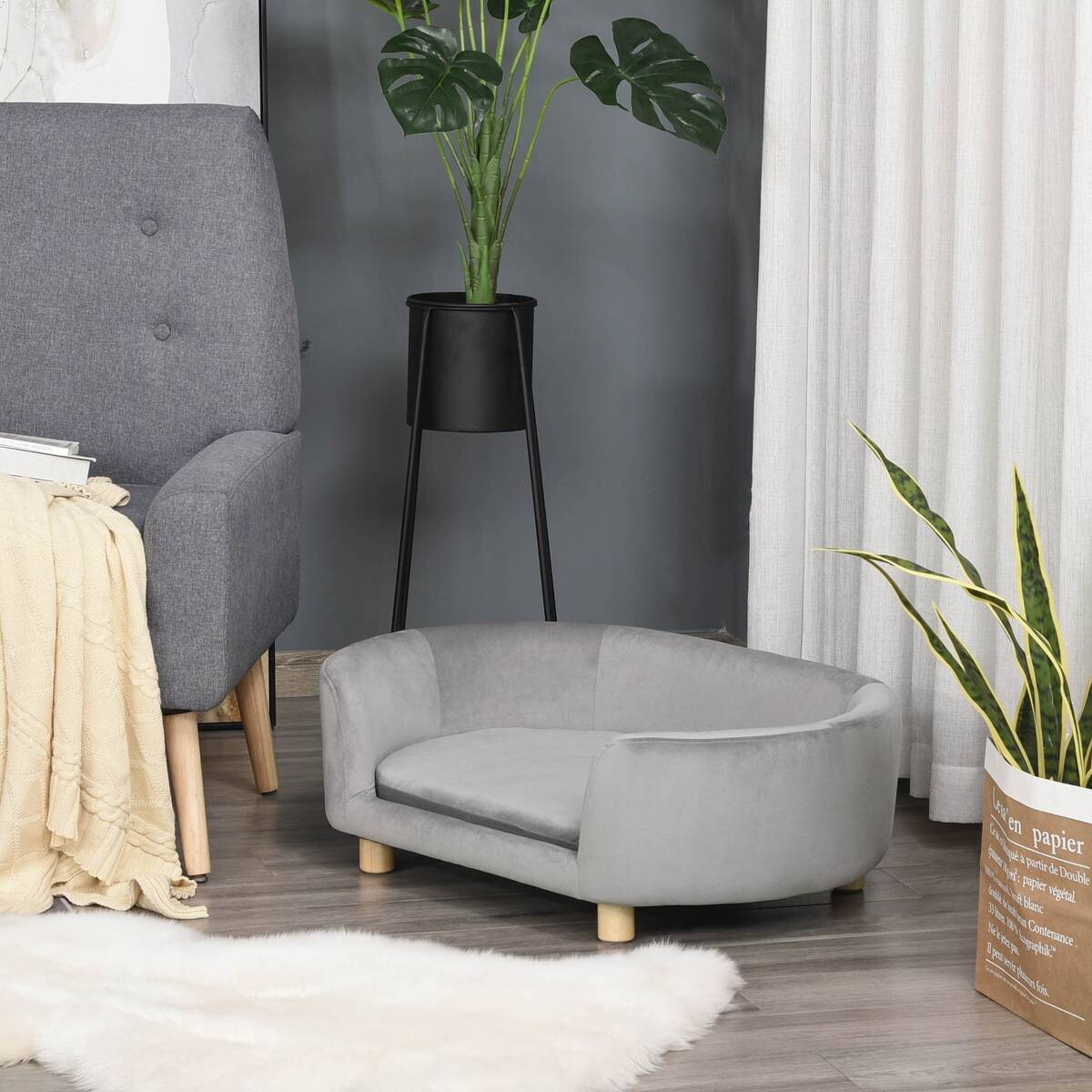 PawHut Haustiersofa hellgrau Birkenholz B/H/L: ca. 55x33x86 cm