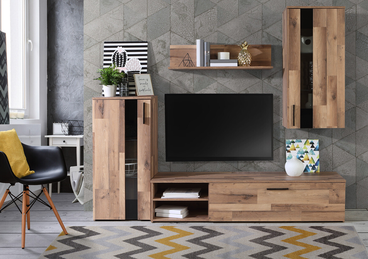 Wohnwand Stabeiche Nachbildung B/H/T: ca. 213x184x41 cm