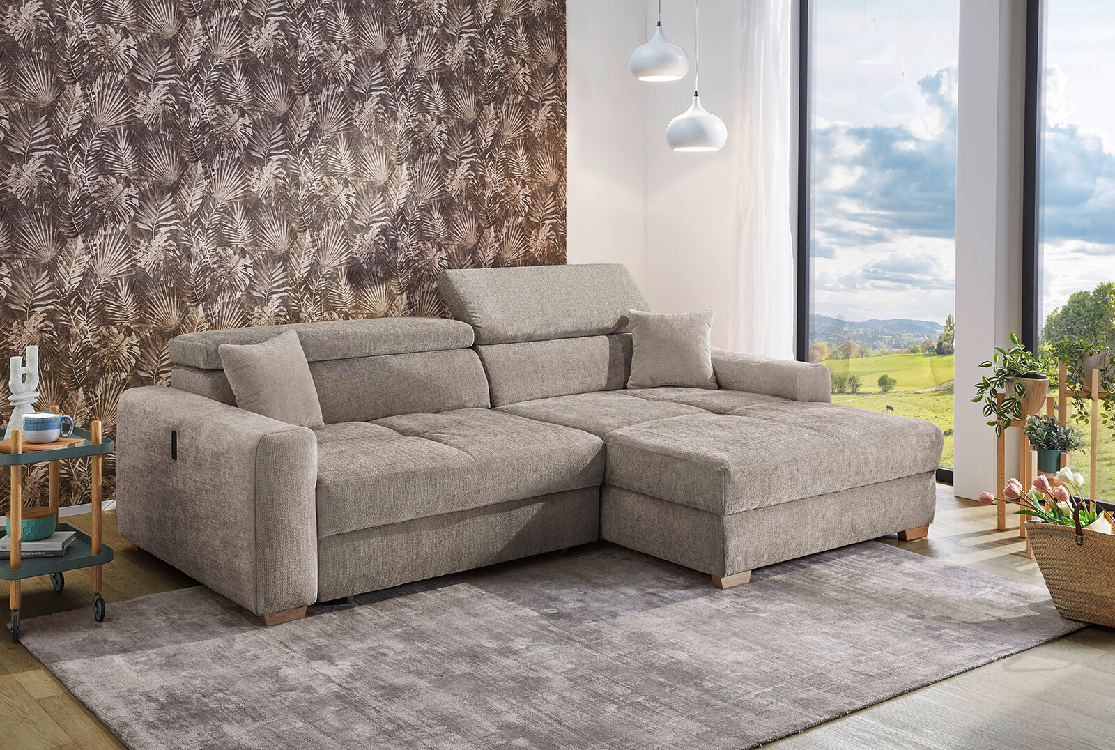 Ecksofa mit elektrischer XXL Sitztiefenverstellung taupe Flachgewebe B/H/T: ca. 277x109x187 cm