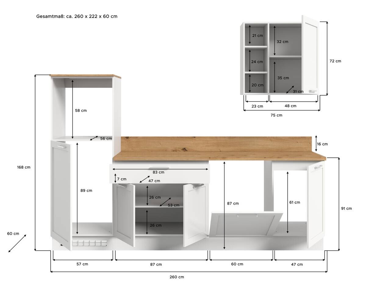 xonox.home Küchenblock Charly Eiche Artisan Nachbildung B/H/T: ca. 260x222x60 cm