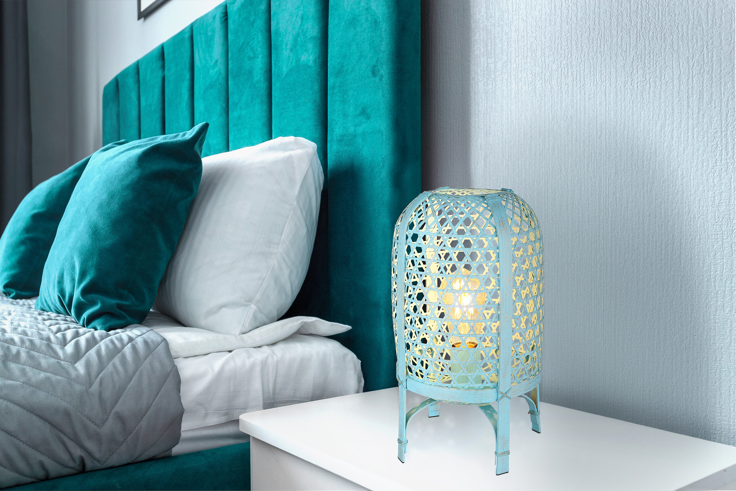 GLOBO Tischleuchte blau Metall Bambus H/D: ca. 37x22 cm E27 1 Brennstellen