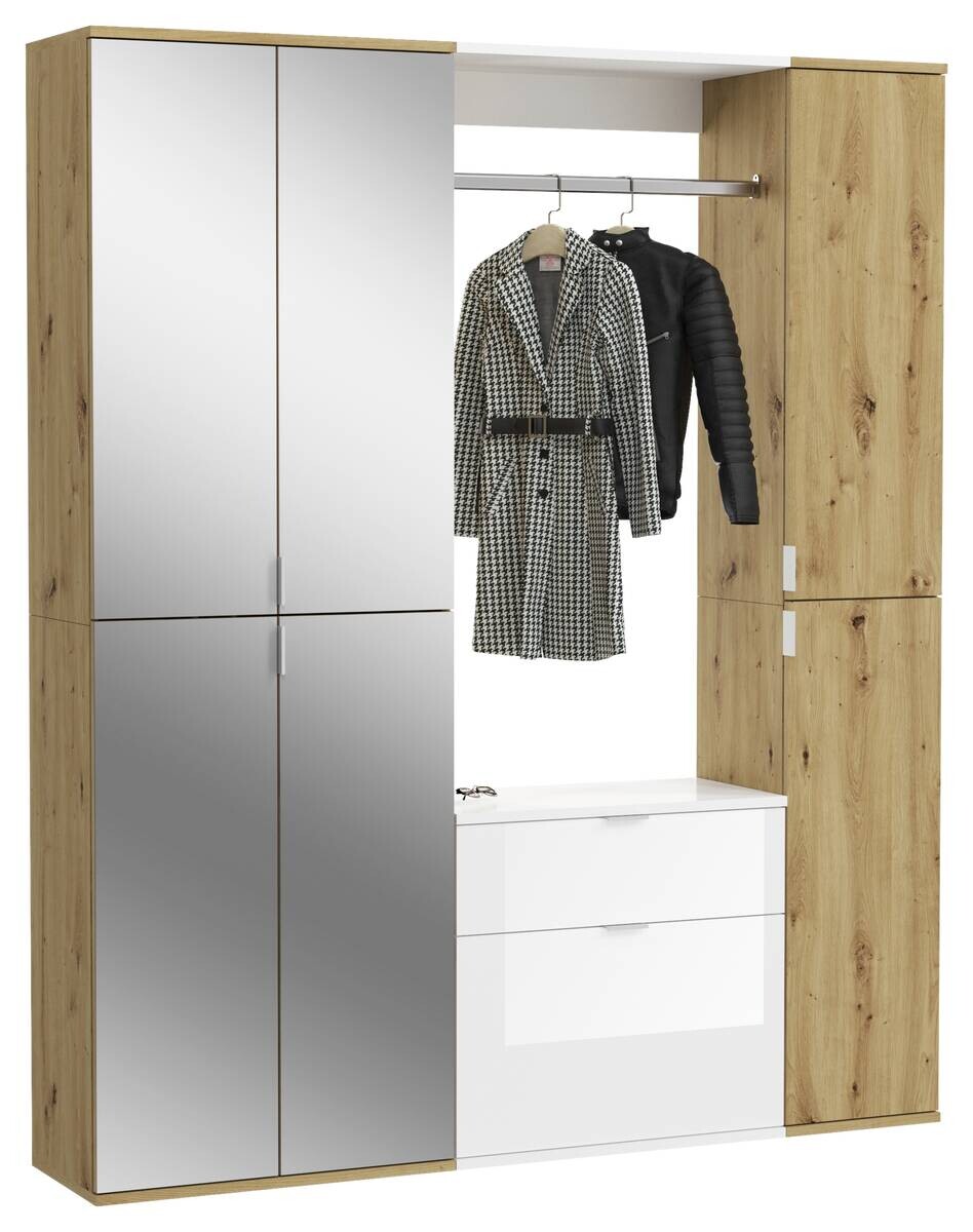 Garderobe PROJEKT Eiche Artisan Nachbildung weiß Hochglanz Spiegel B/H/T: ca. 152x193x34 cm Garderobe PROJEKT Eiche Artisan Nachbildung weiß Hochglanz Spiegel B/H/T: ca. 152x193x34 cm