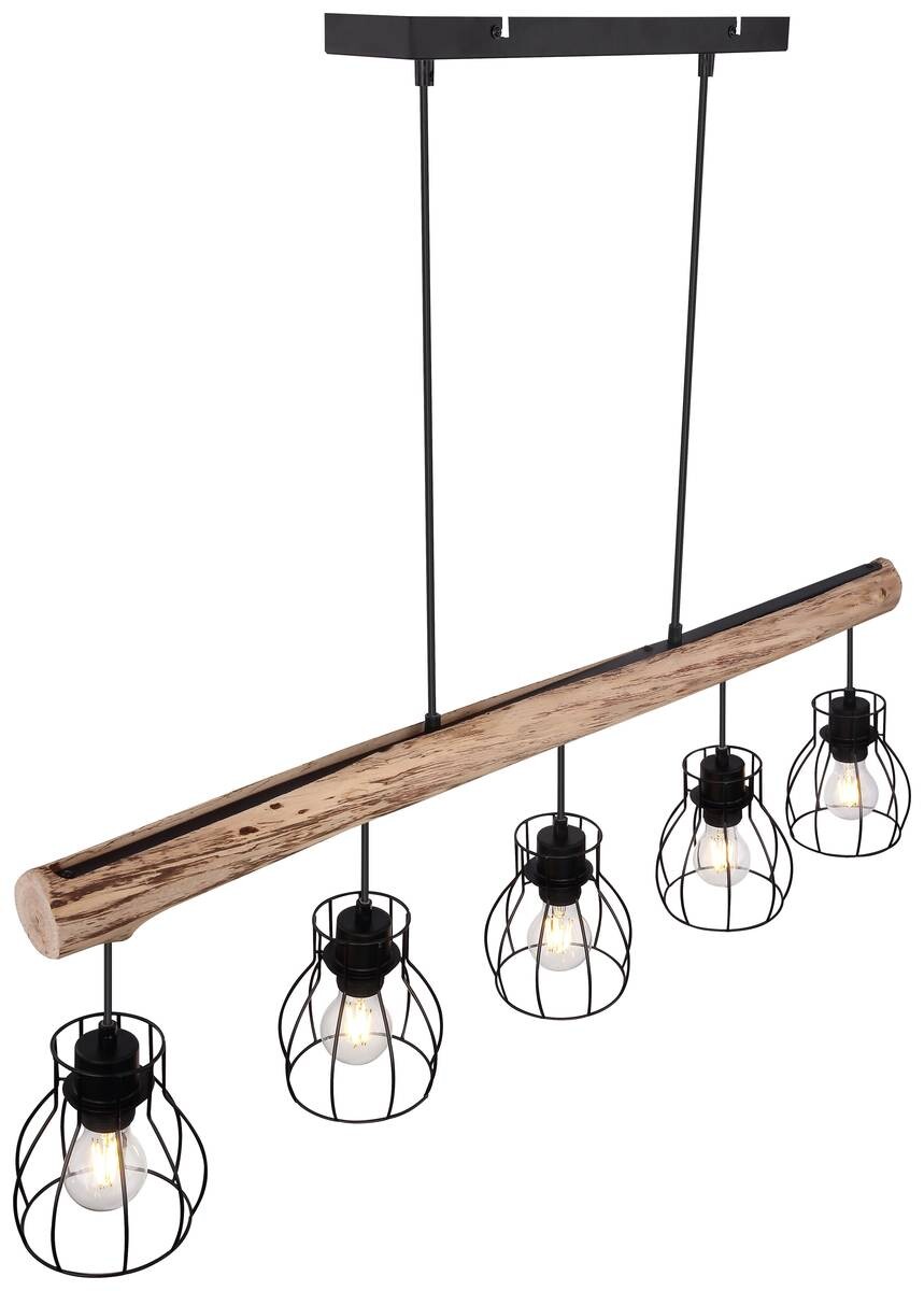 GLOBO Pendelleuchte Mina natur schwarz Holz Metall B/H: ca. 104x140 cm E27 5 Brennstellen