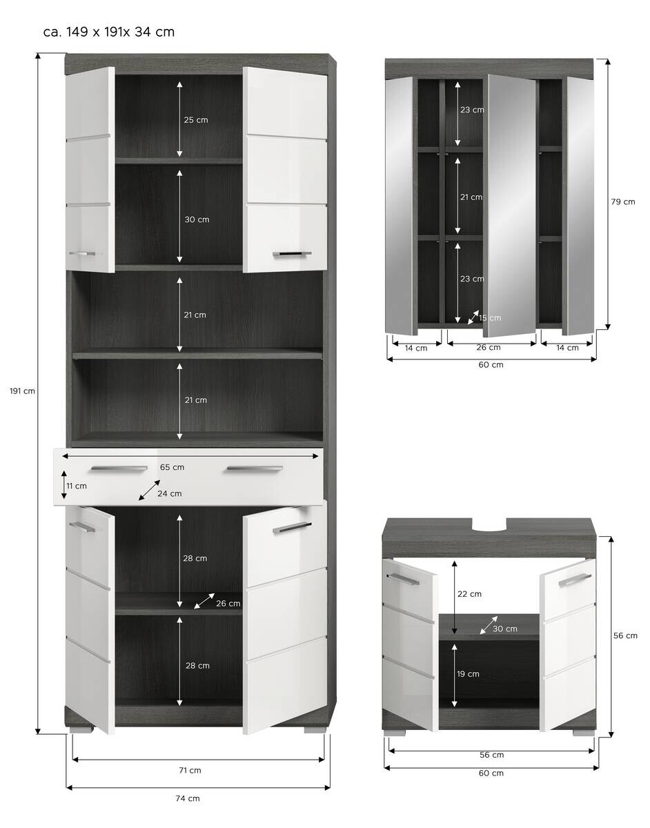 Badezimmer-Set Scout Rauchsilber Nachbildung weiß Hochglanz B/H/T: ca. 149x34x191 cm