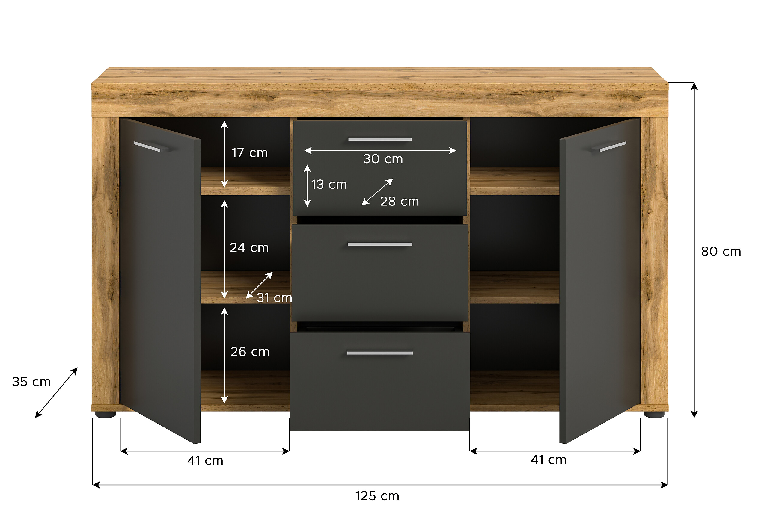 Sideboard Jam Eiche Wotan Nachbildung grau B/H/T: ca. 125x80x35 cm