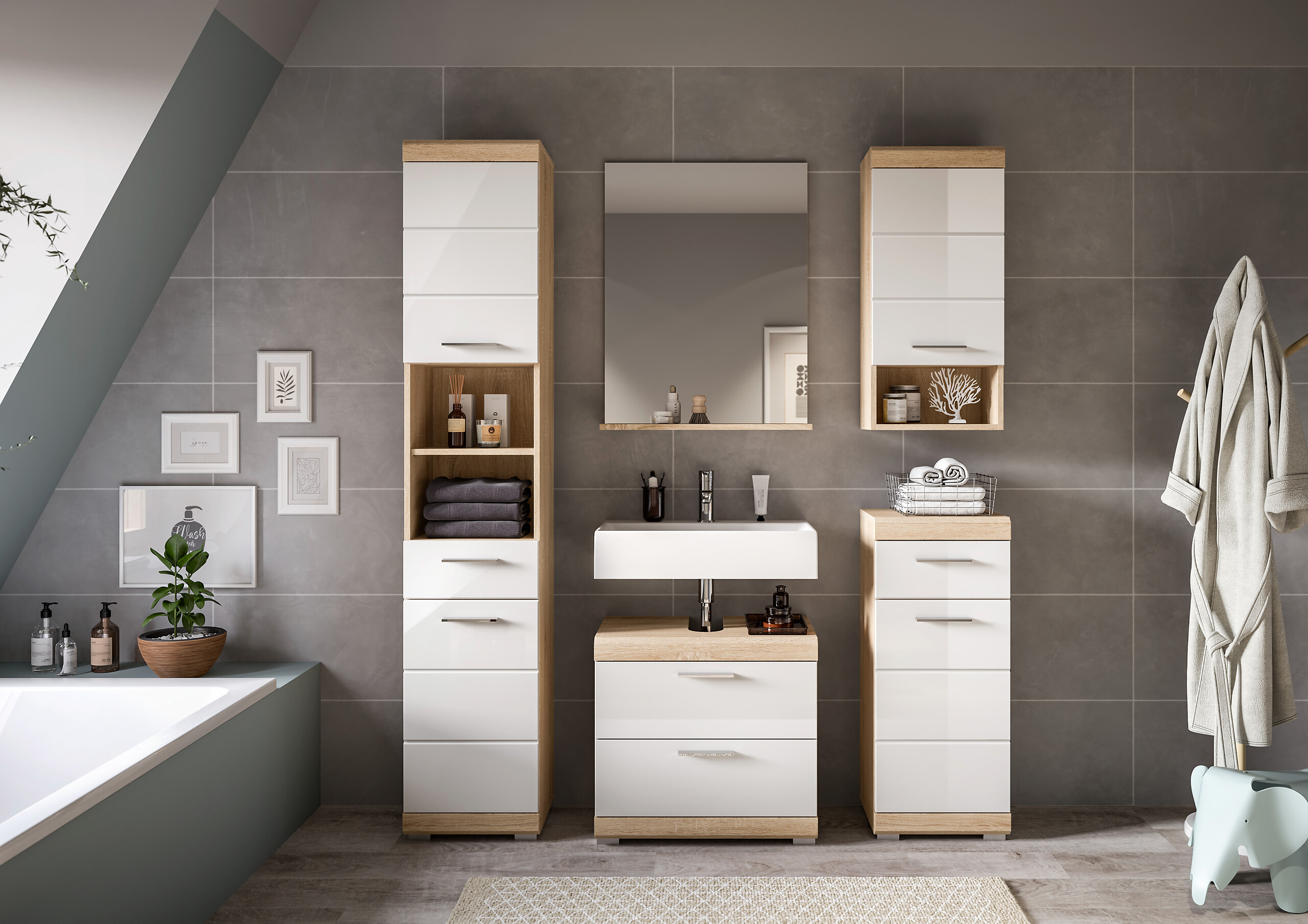 Badezimmer-Set Lambada Eiche Sonoma Nachbildung weiß Hochglanz B/H/T: ca. 164x191x37 cm