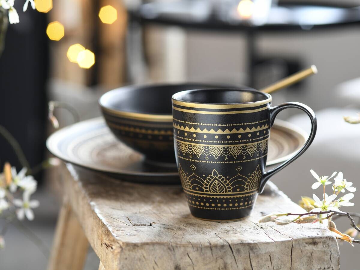 CreaTable Kombiservice MANDALA GOLD schwarz Steinzeug 16 tlg.