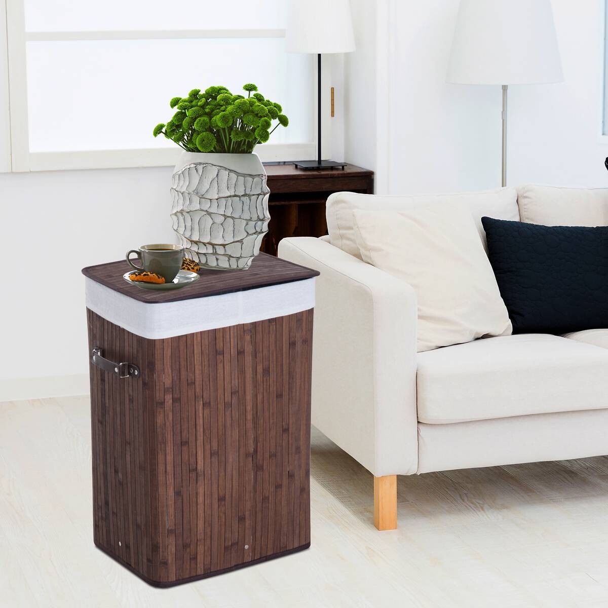 HOMCOM Wäschekorb mit 2 Tragegriffen dunkelbraun Bambus Stoff Kunststoff B/H/L: ca. 30x60x40 cm