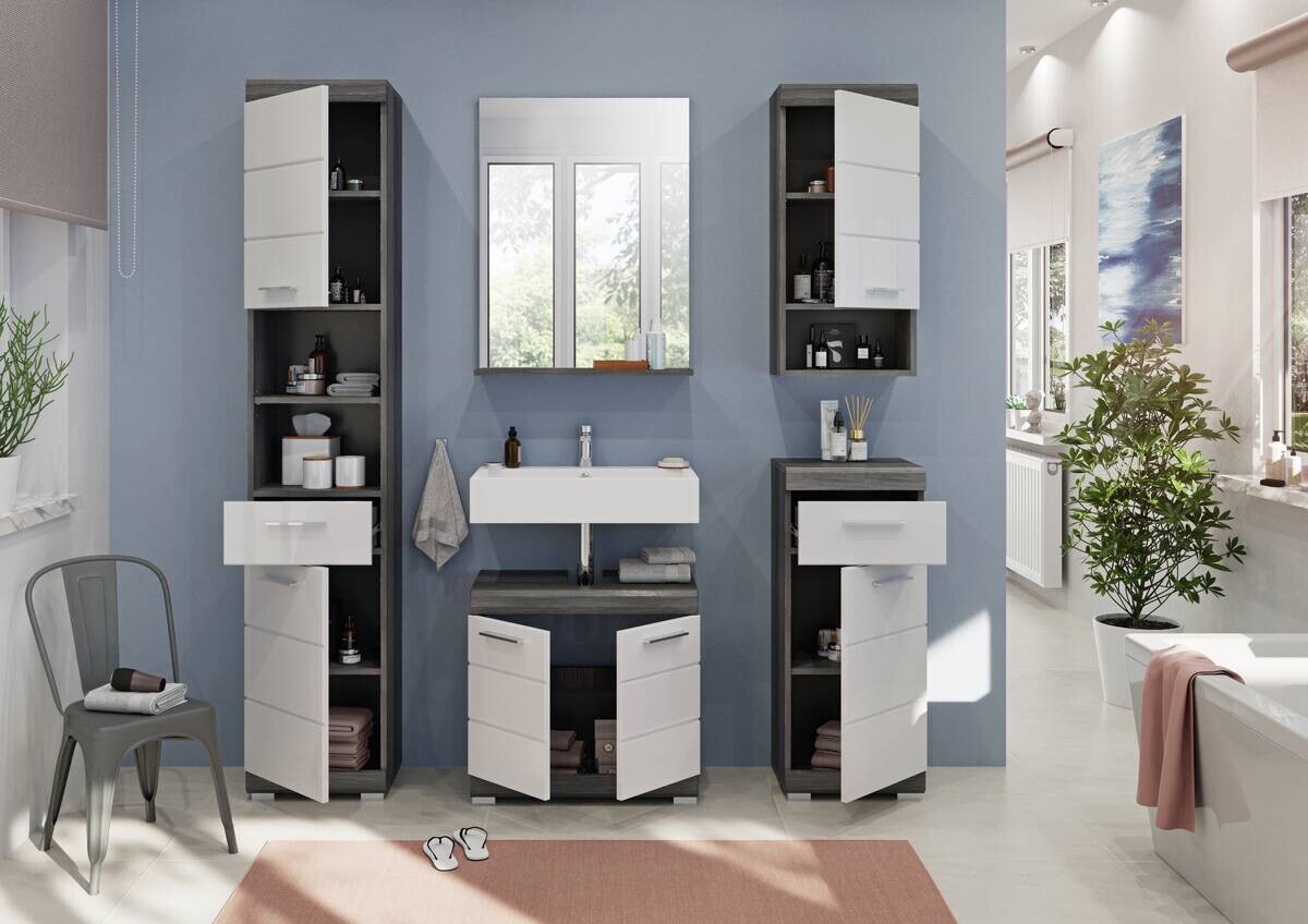 Badezimmer-Set Scout Eiche Rauchsilber Nachbildung weiß Hochglanz B/H/T: ca. 164x191x34 cm