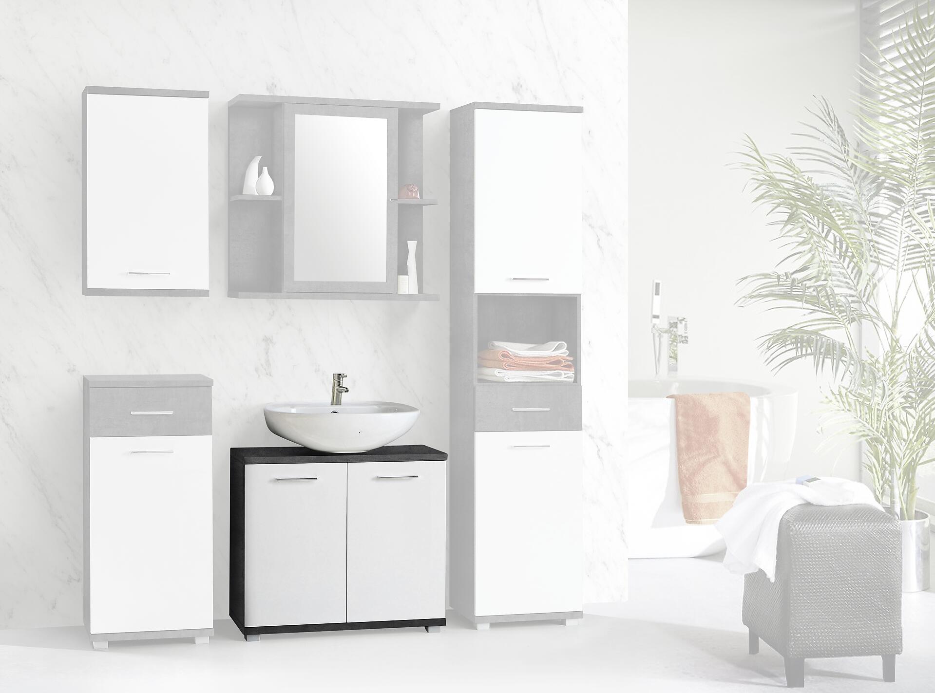 Waschbeckenunterschrank  Beton dunkel Optik weiß Hochglanz B/H/T: ca. 69,9x62x28,9 cm