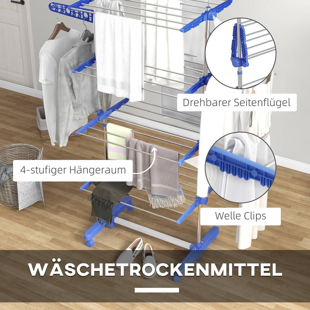 HOMCOM Wäscheständer blau Polypropylen B/H/L: ca. 55x142x172 cm