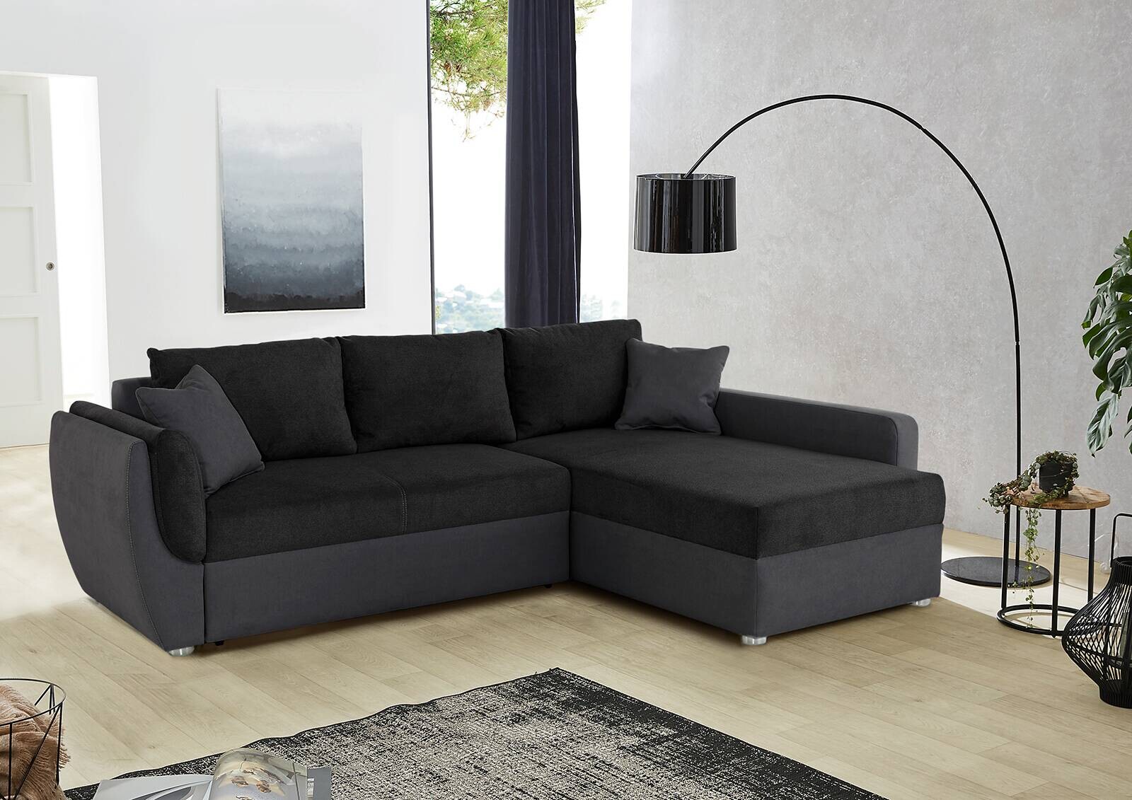 Ecksofa mit Bettfunktion und Bettkasten schwarz Polyester B/H/T: ca. 247x82x178 cm Ecksofa mit Bettfunktion und Bettkasten schwarz Polyester B/H/T: ca. 247x82x178 cm