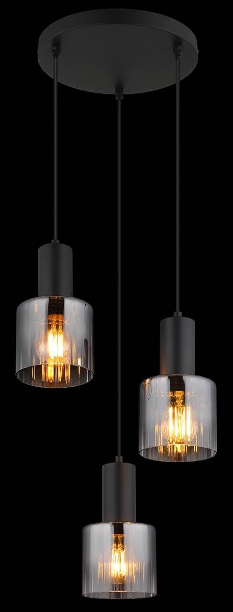 GLOBO Pendelleuchte Jack klar Rauch schwarz Glas Metall H/D: ca. 150x27 cm E27 3 Brennstellen