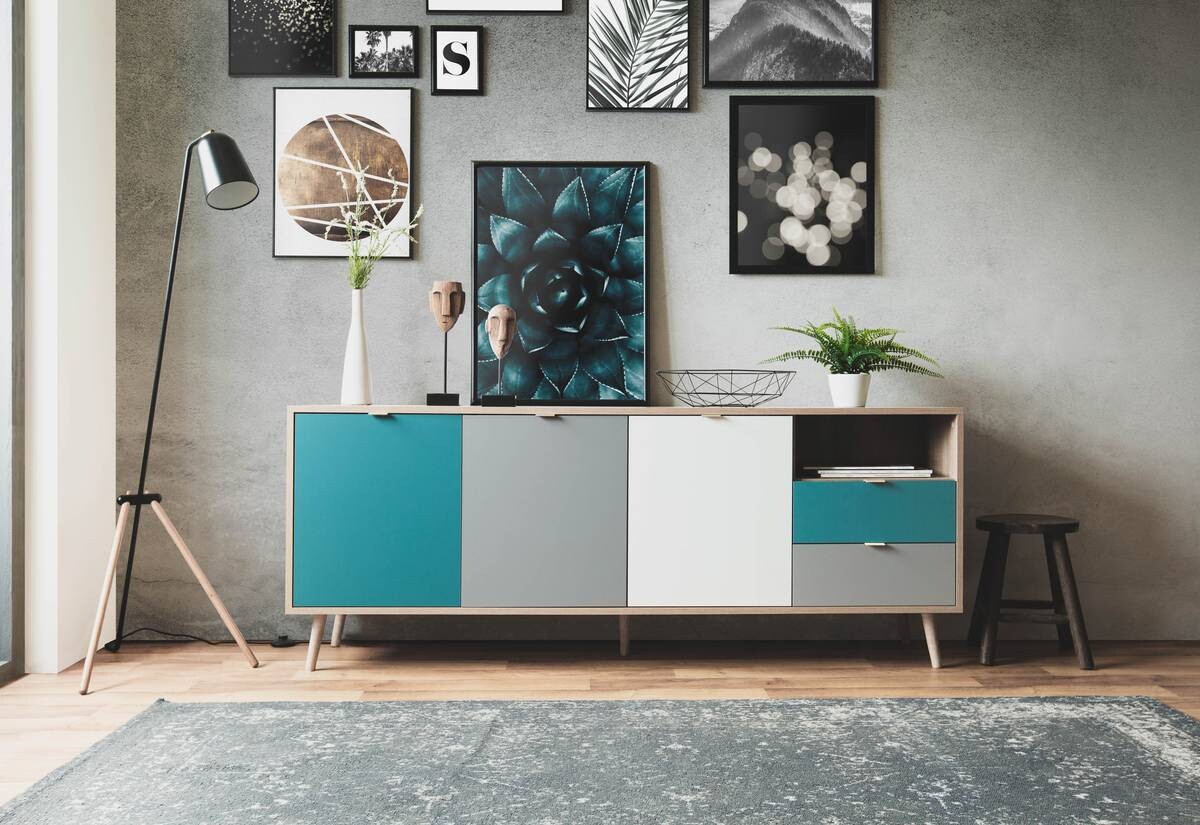 Sideboard Cuba Eiche Sonoma Nachbildung weiß grau petrol B/H/T: ca. 180x71x40 cm