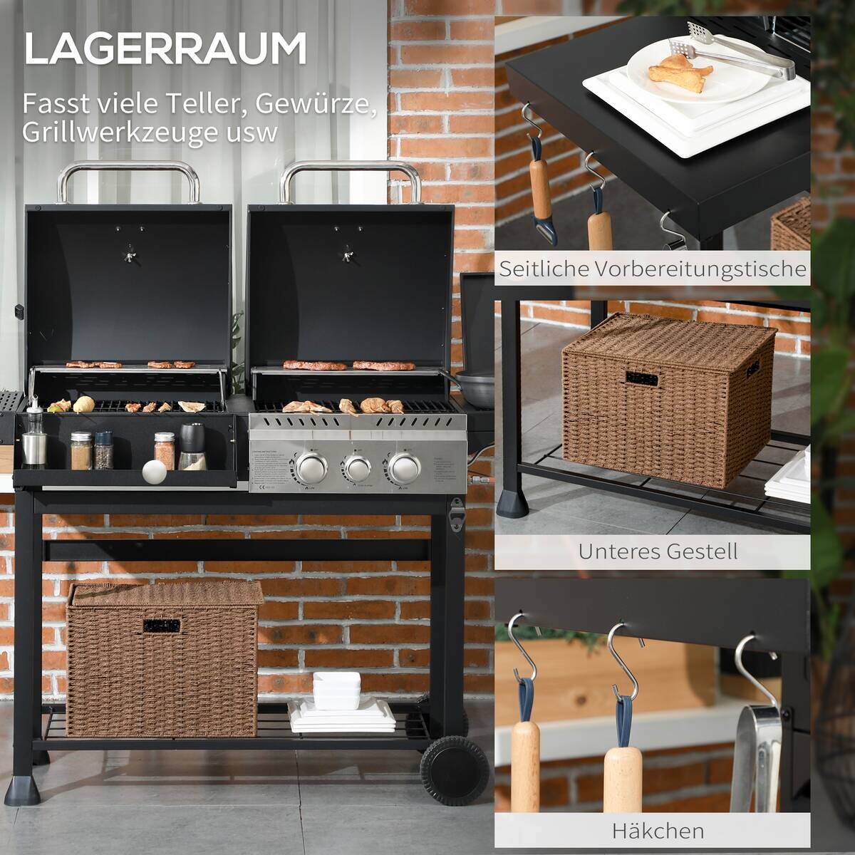 Outsunny Gas-/Kohlegrill Edelstahl B/H/L: ca. 53x101x161 cm