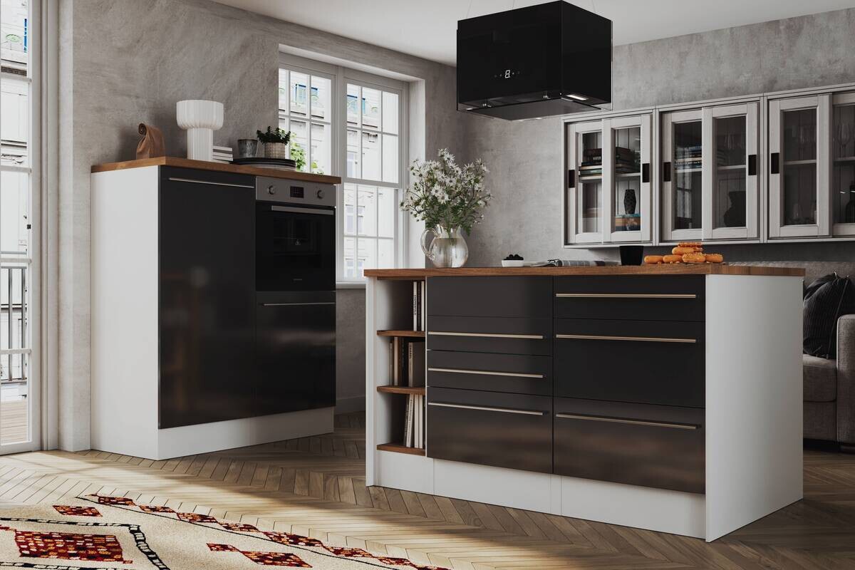 Respekta Inselküche Gabriel grau Hochglanz B/H/T: ca. 290x200x60 cm