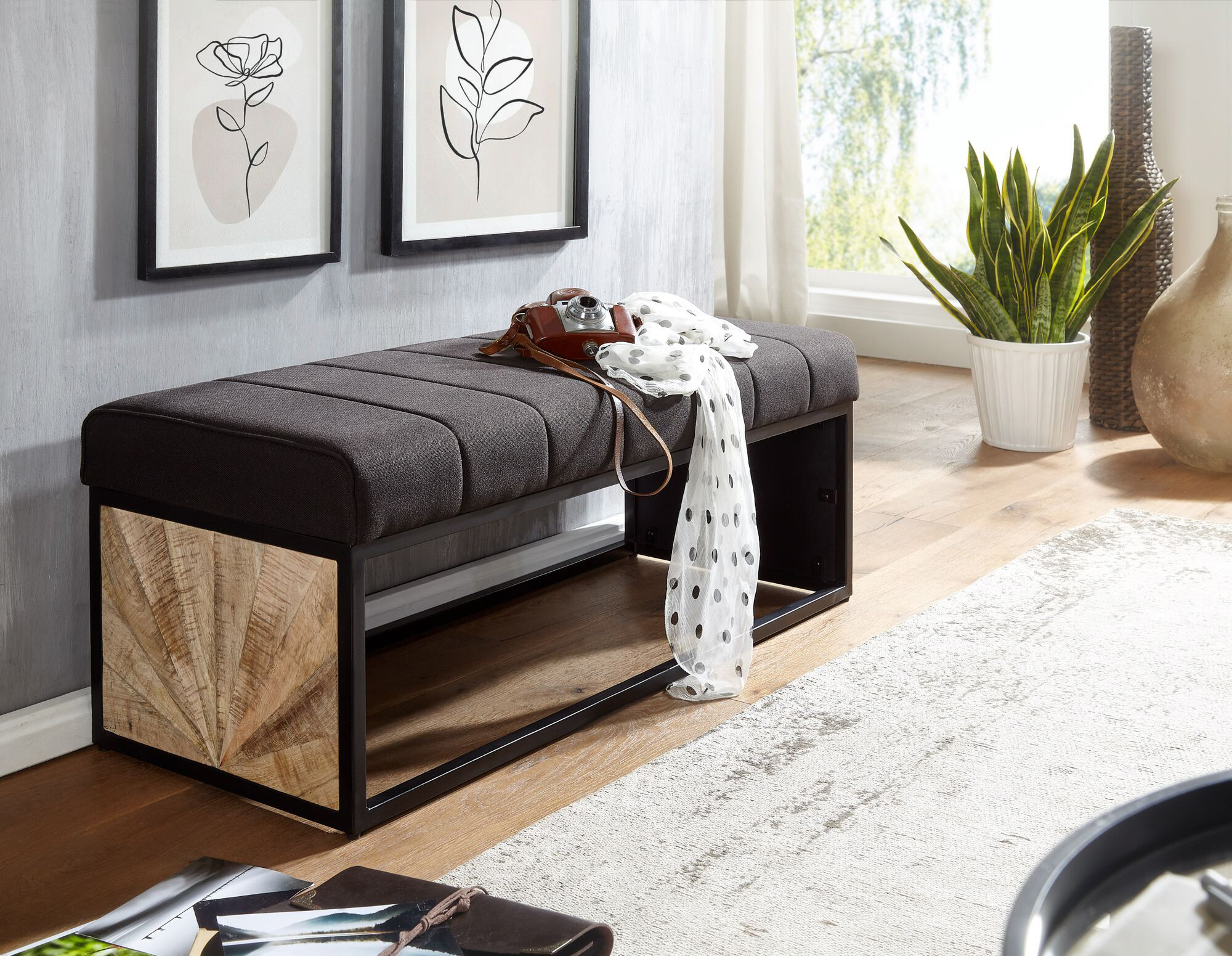 Wohnling Sitzbank dunkelbraun schwarz natur Stoff Eisen Echtholz B/H/T: ca. 105x40x40 cm