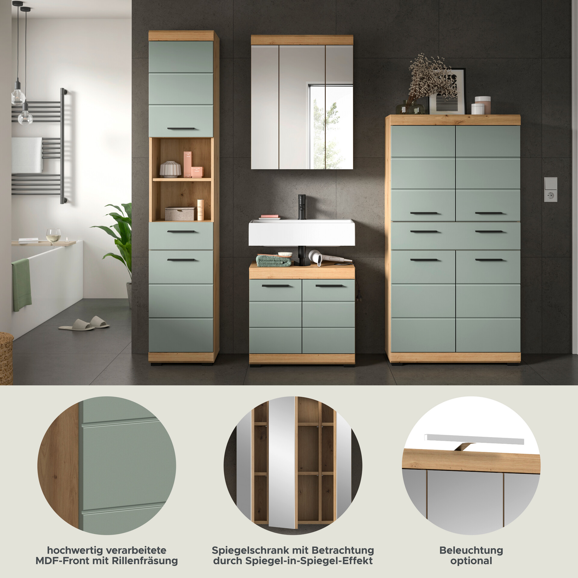 Badezimmer-Set Scout Eiche Artisan Nachbildung salbei Nachbildung B/H/T: ca. 186x191x34 cm