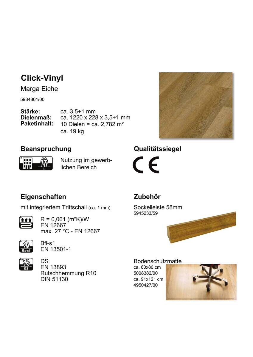 Click-Vinylboden Marga ca. 2,782 m² im Paket  B/L: ca. 22,8x122 cm pro Paket