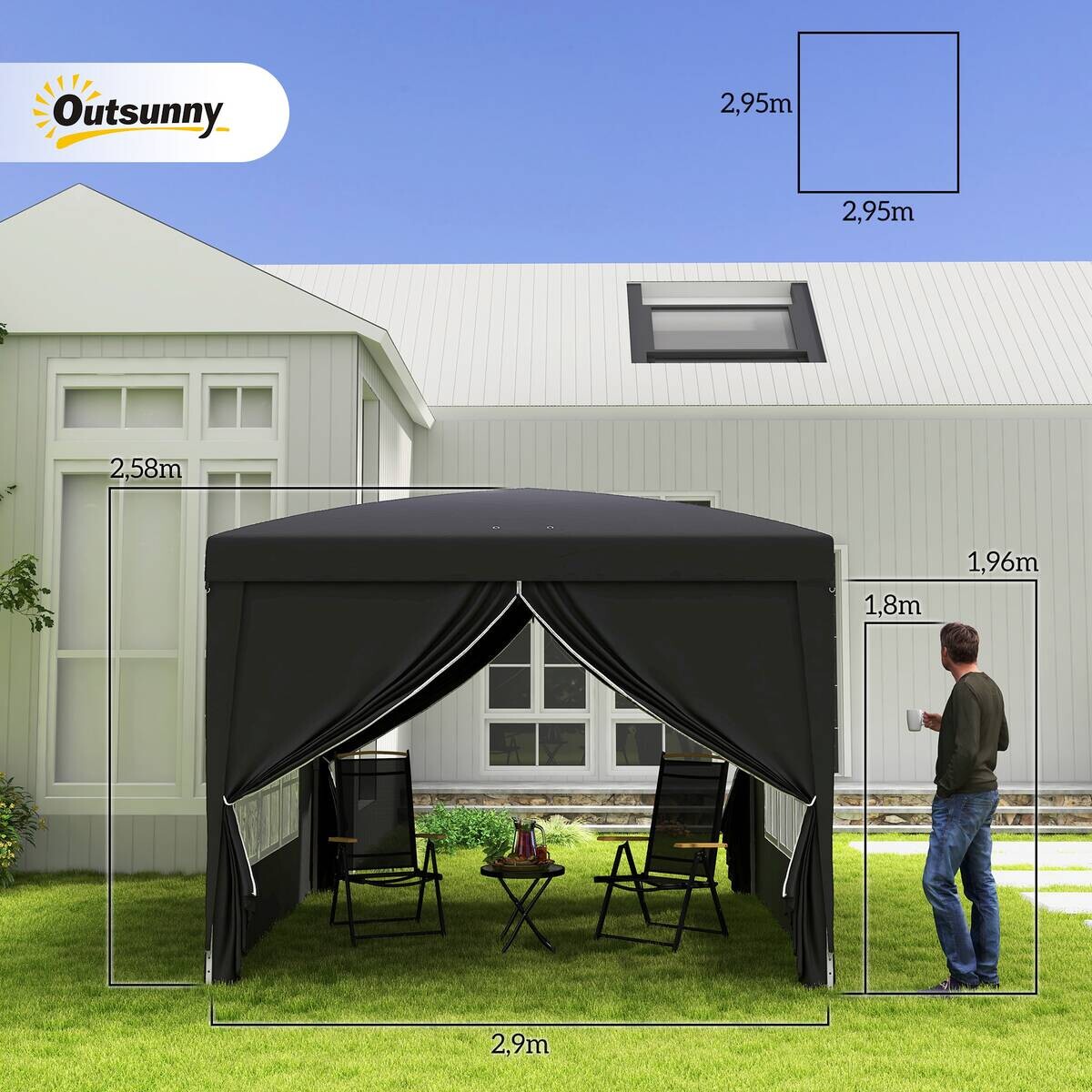 Outsunny Pavillon schwarz Stahl B/H/L: ca. 295x258x295 cm