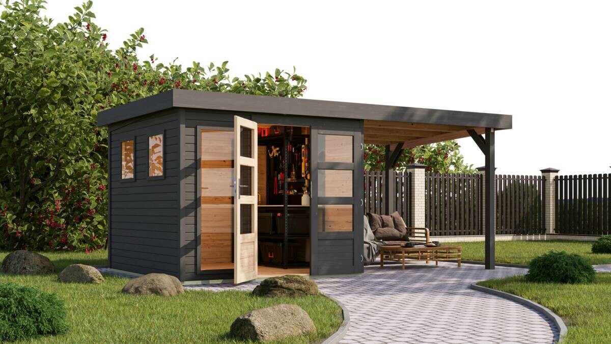 Karibu Gartenhaus Leon 3,5 grau B/H/L: ca. 242x211x242 cm