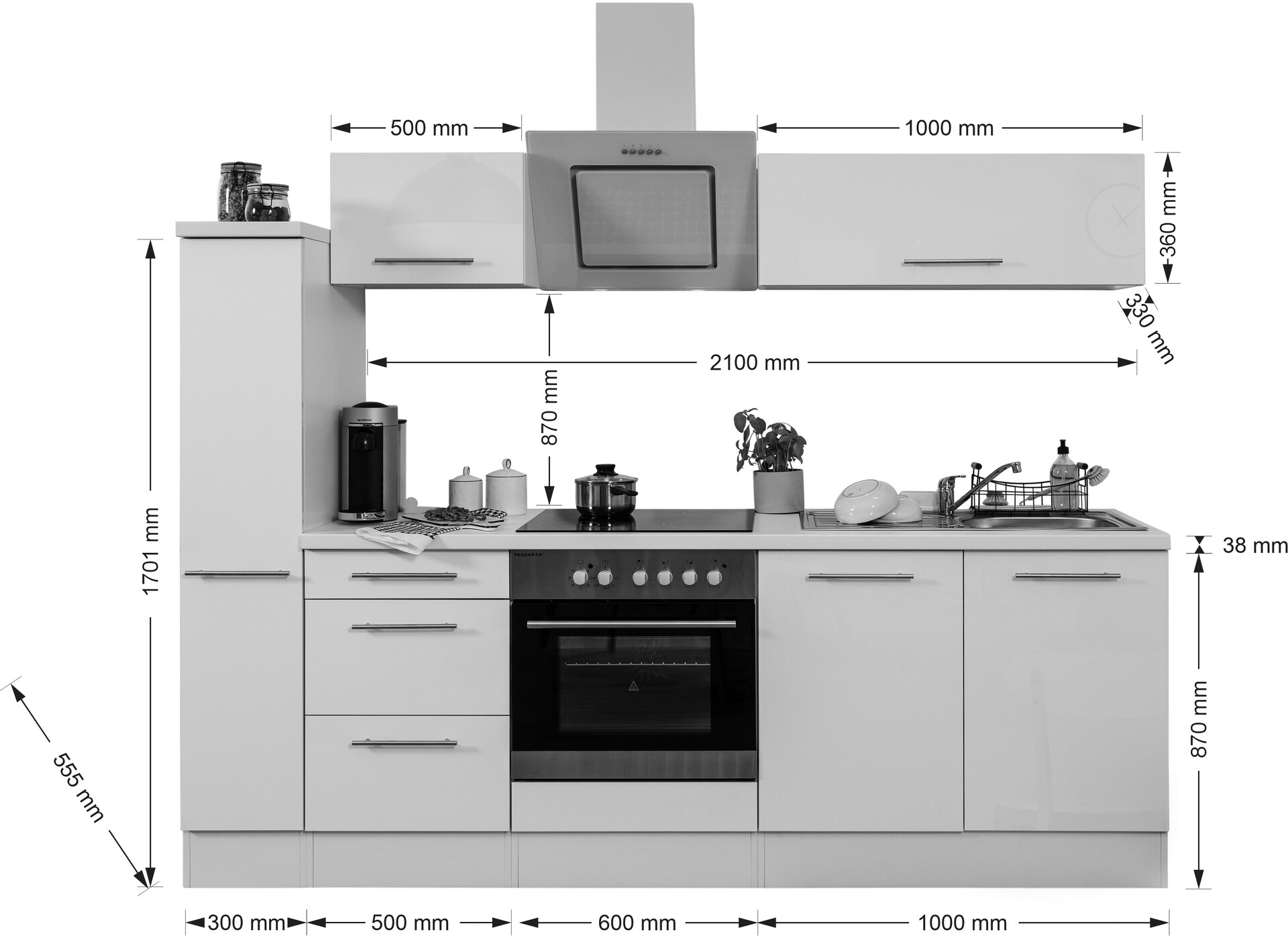 Respekta Küchenblock Amanda grau Hochglanz B/H/T: ca. 240x200x60 cm