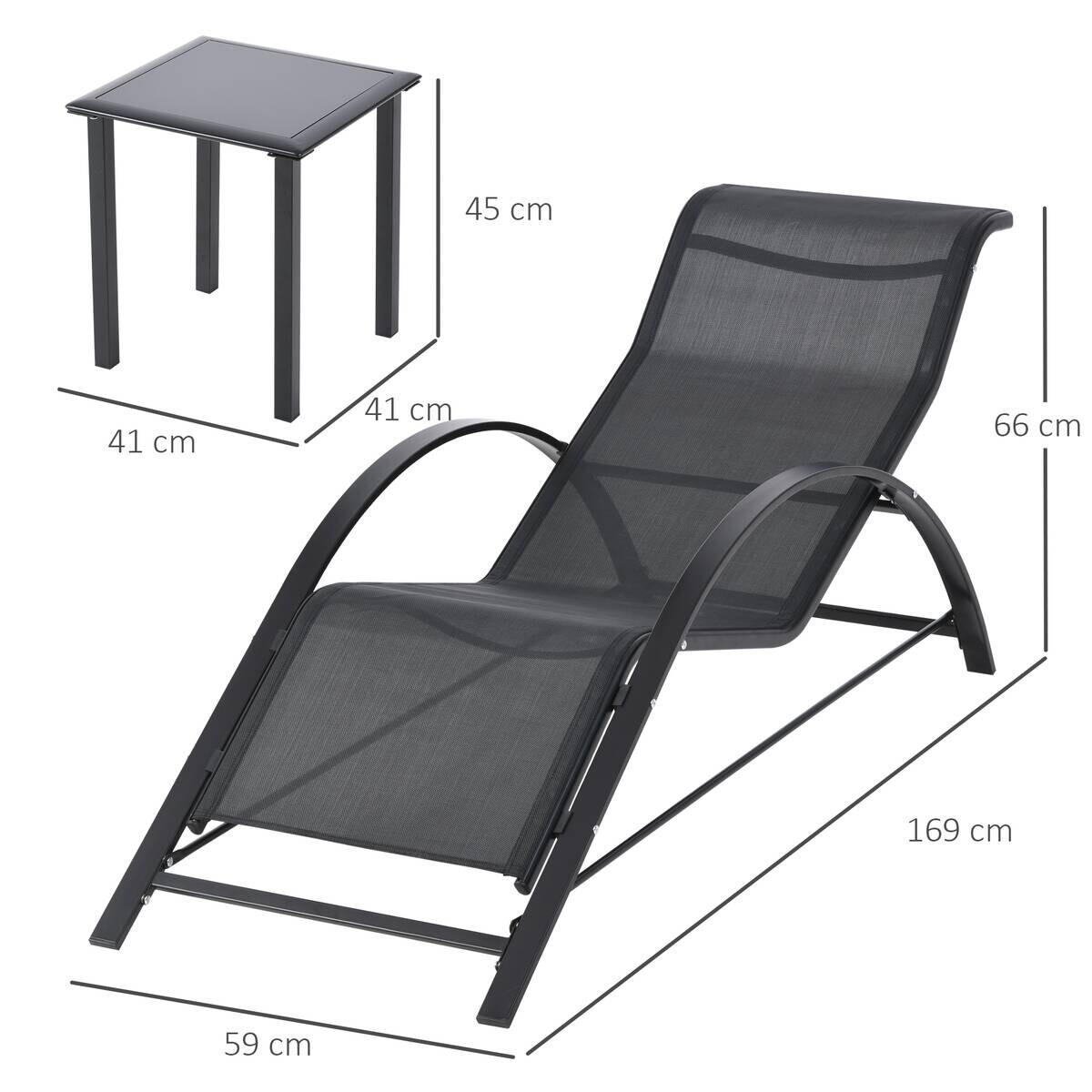 Outsunny Gartenliege-Set mit Tisch schwarz Netzstoff B/H/L: ca. 169x66x59 cm
