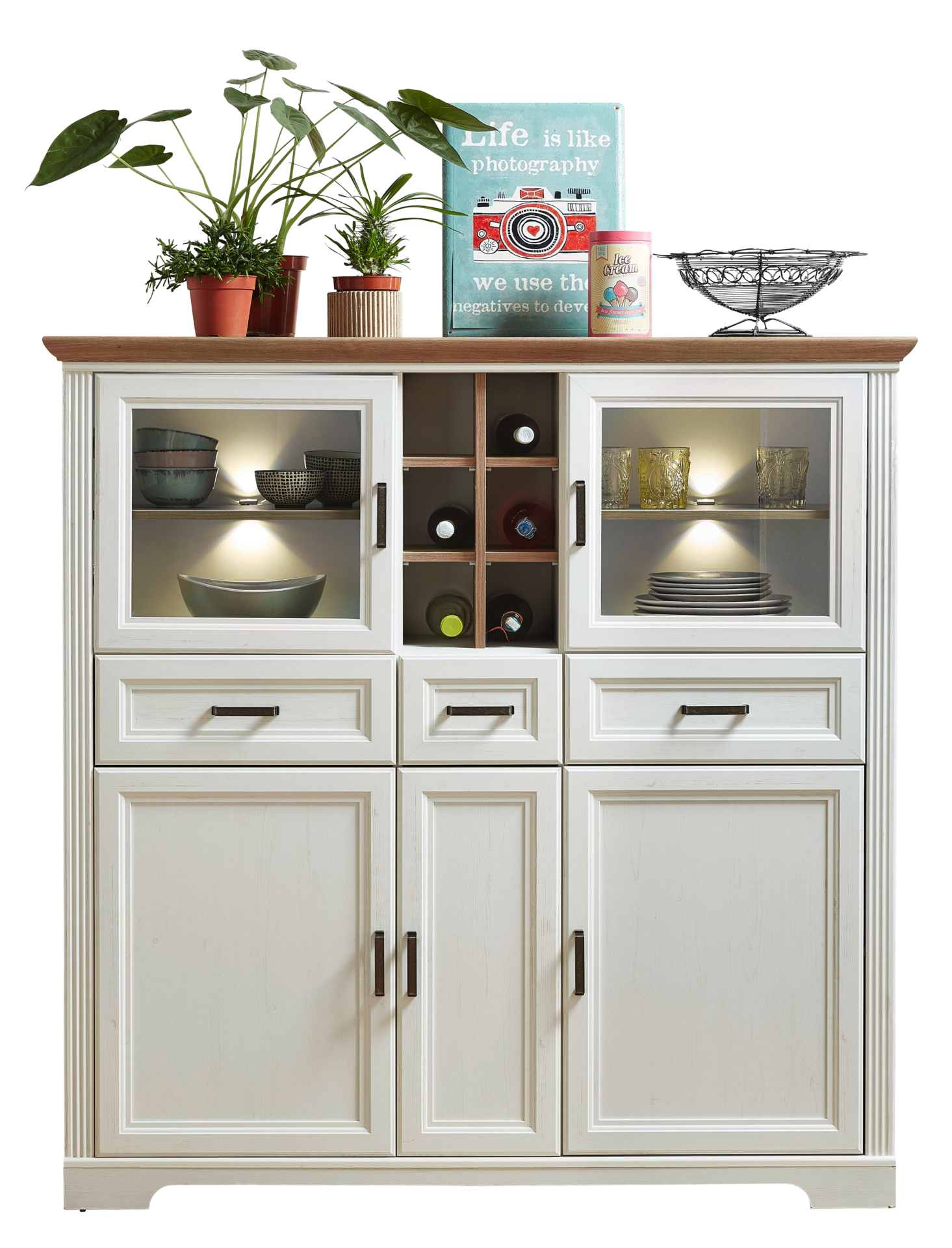 Highboard Jasmin weiß Pinie Nachbildung Eiche Artisan Nachbildung B/H/T: ca. 143x150x42 cm