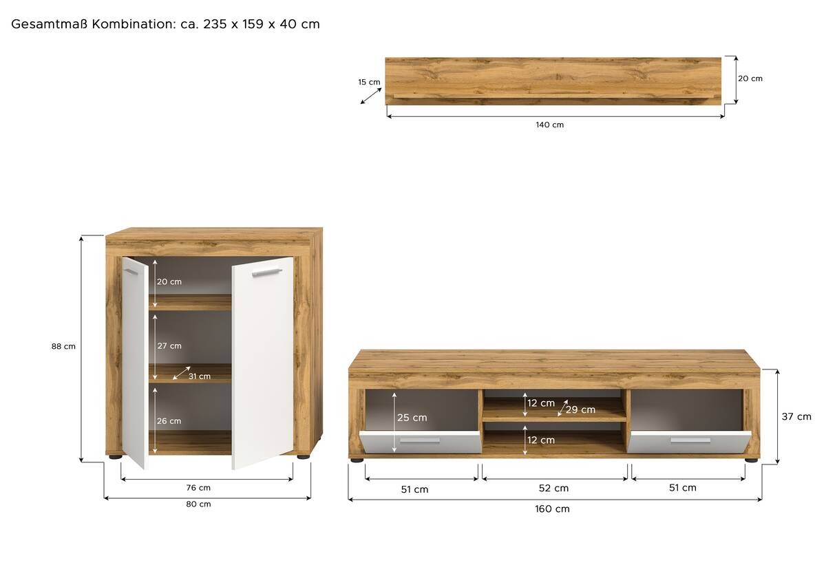 Wohnwand Jam Eiche Wotan Nachbildung weiß B/H/T: ca. 255x159x35 cm