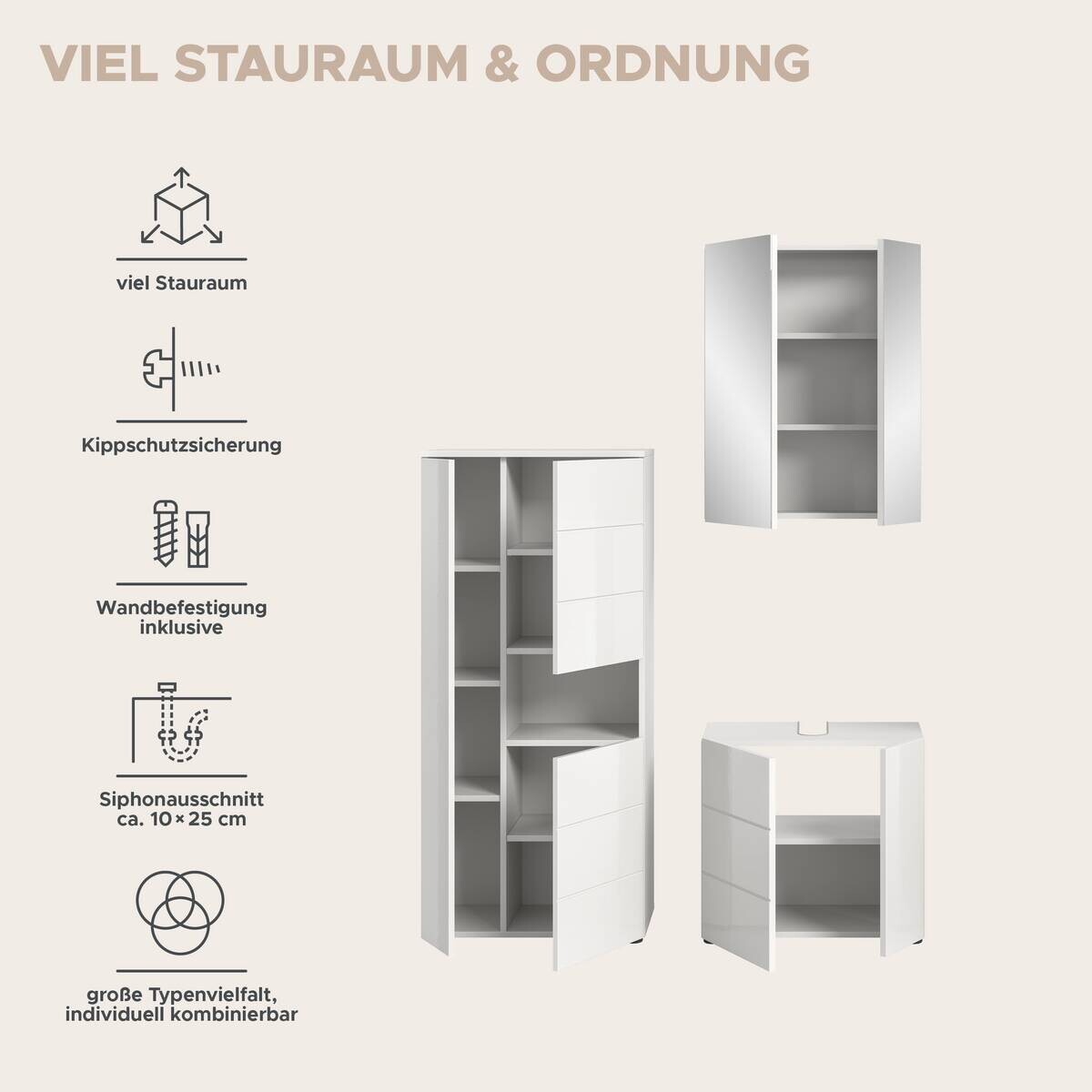 Badezimmer-Set VIRA weiß weiß Hochglanz B/H/T: ca. 135x190x34 cm