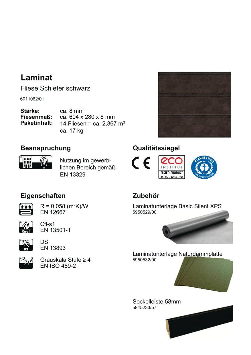 Laminatboden Schiefer schwarz ca.2,367m² im Pak.  B/L: ca. 28x60,4 cm pro Paket