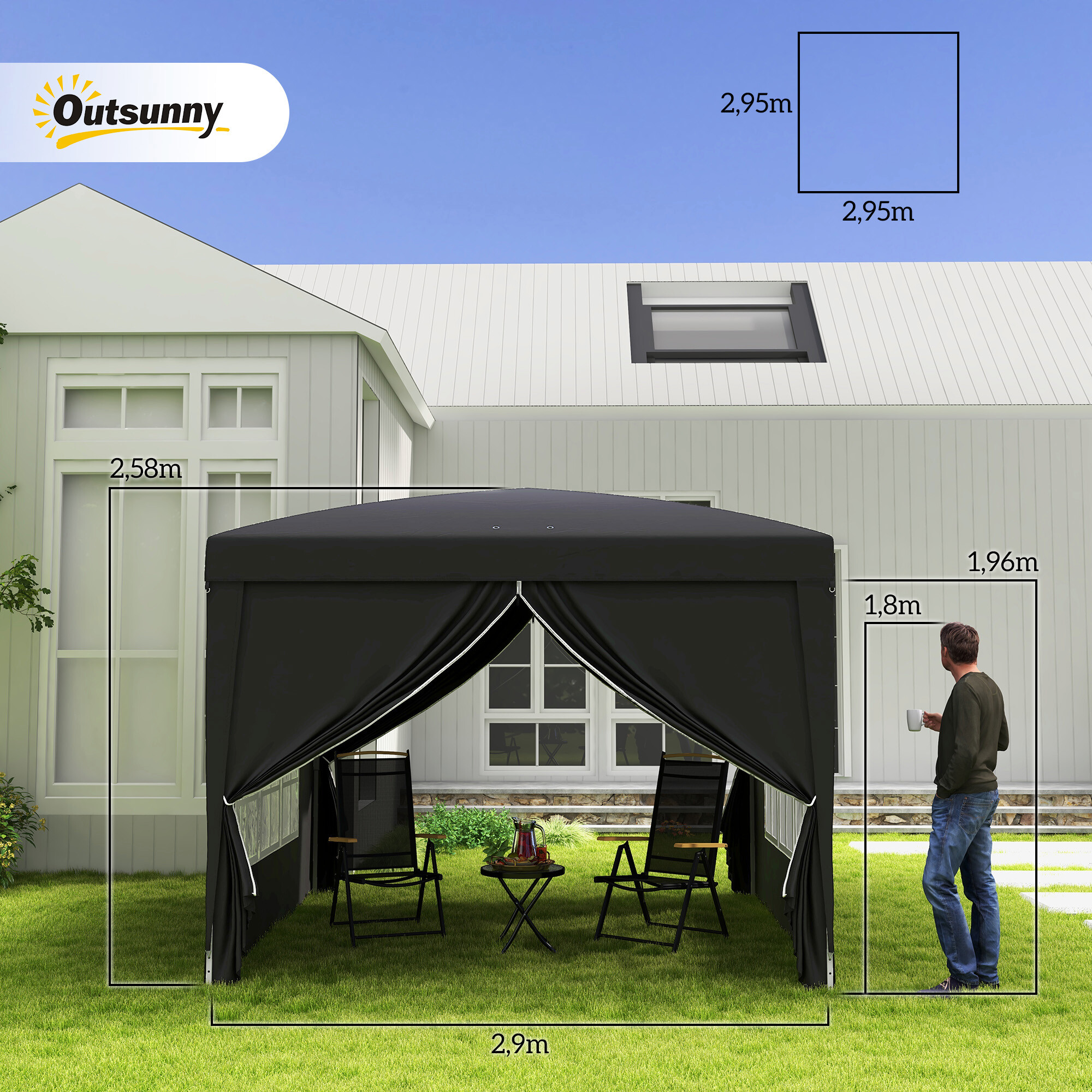 Outsunny Pavillon schwarz Stahl B/H/L: ca. 295x258x295 cm