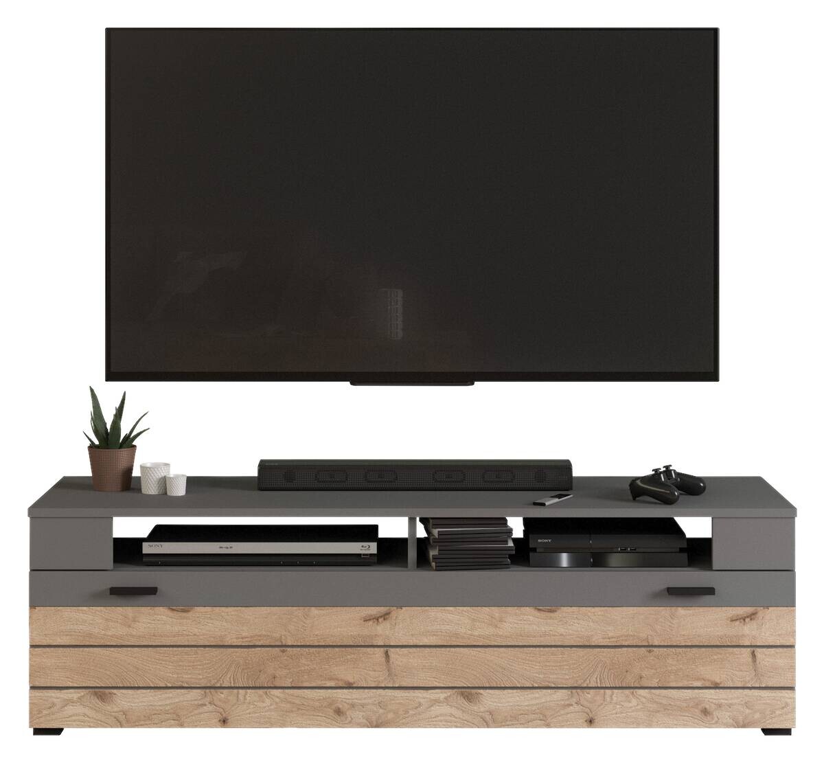 Wohnwand Freno grau matt Eiche Nox Oak Nachbildung B/H/T: ca. 350x195x40 cm