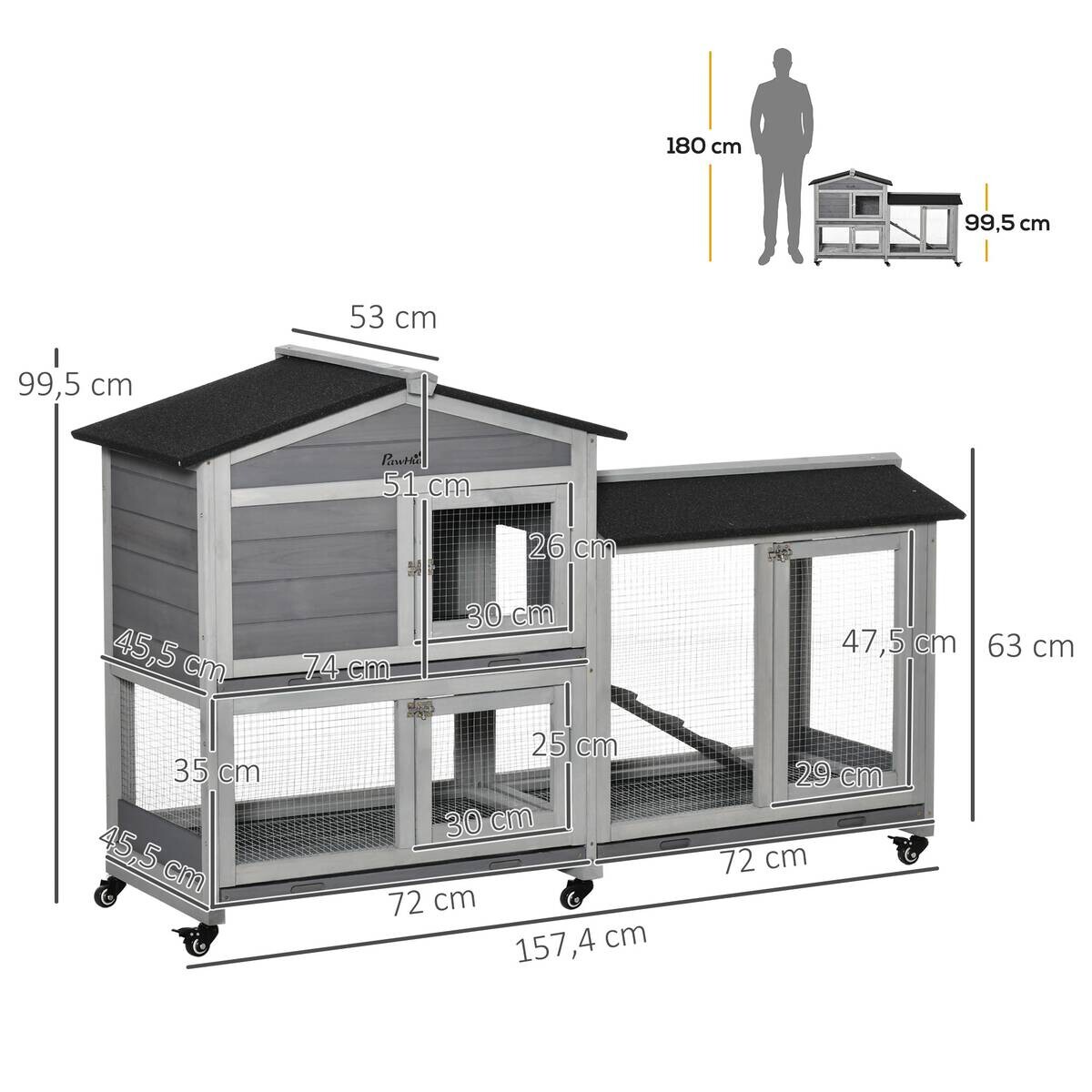 PawHut Stall grau Polypropylen B/H/L: ca. 53x157,4x99,5 cm