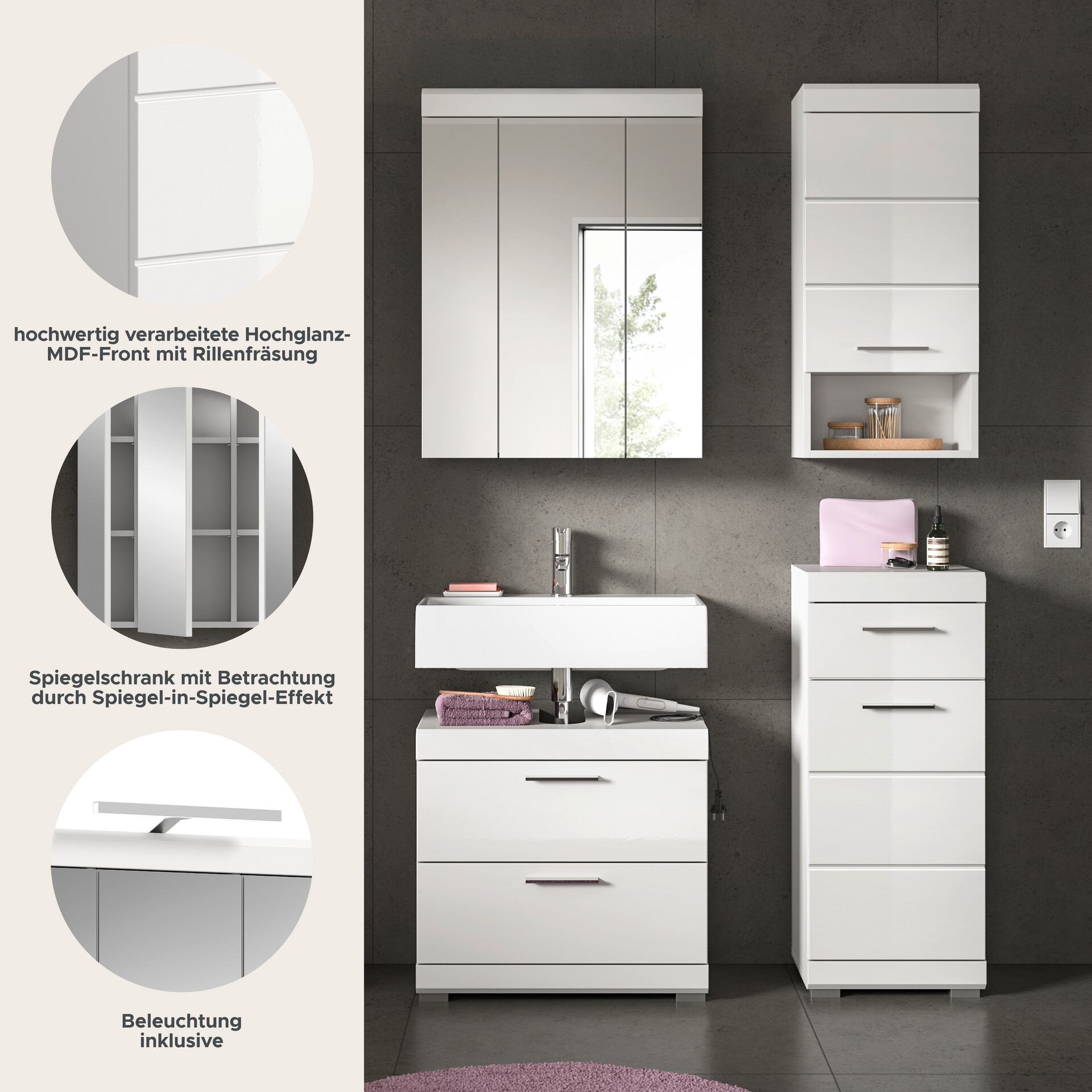 Badezimmer-Set Scout weiß weiß Hochglanz B/H/T: ca. 112x191x34 cm