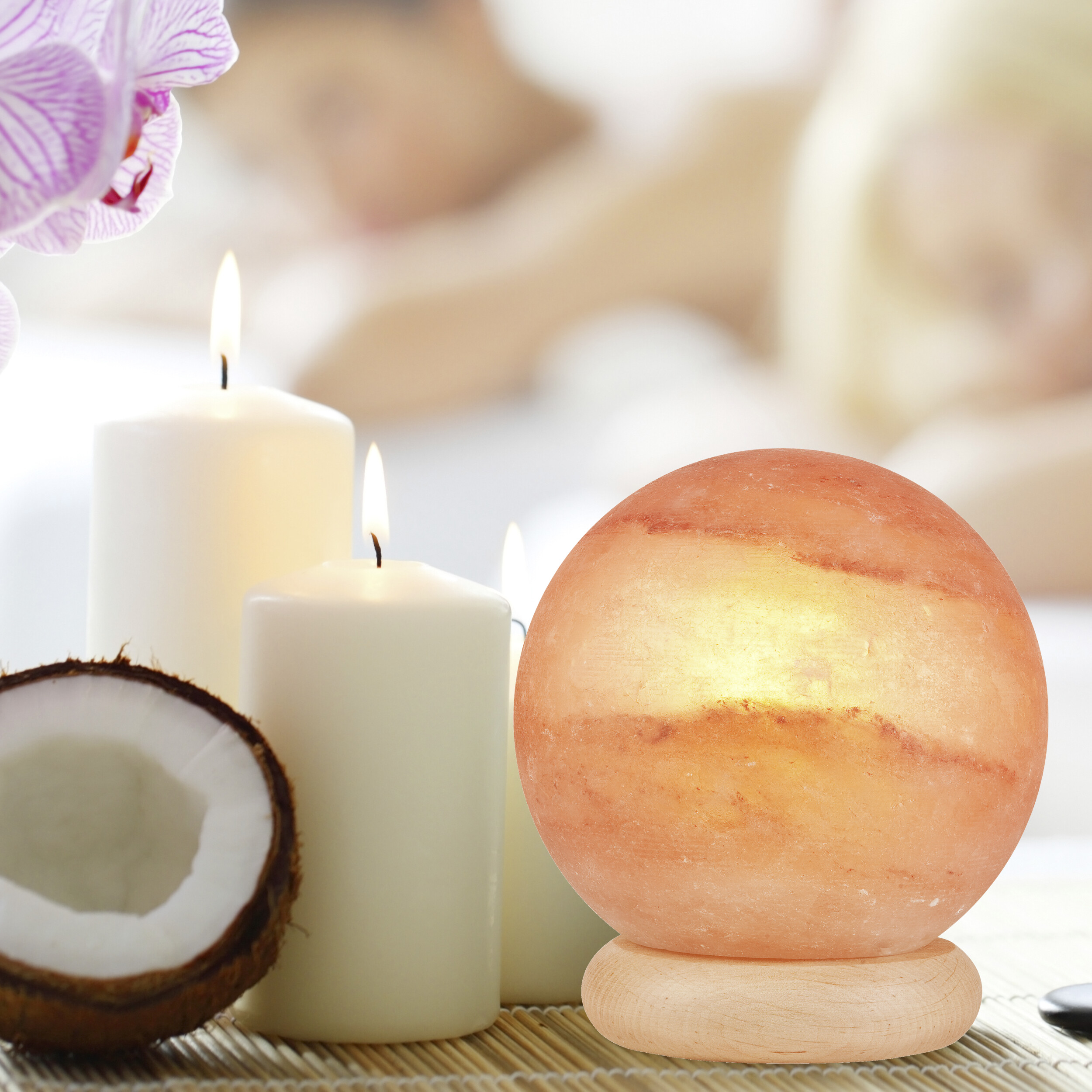 Lamkur Salzleuchte orange beige Holz B/H/L: ca. 16x16x16 cm E14 1 Brennstellen