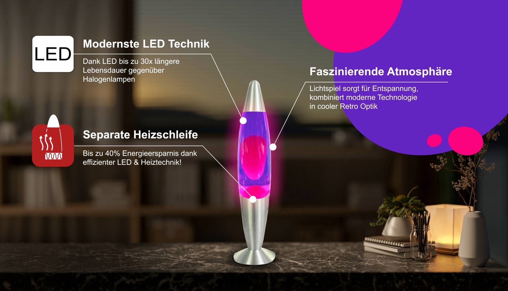 HWH LED-Lavalampe lila pink Aluminium Glas H/D: ca. 34x62 cm