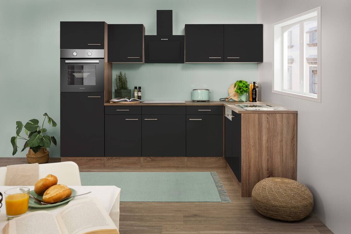 Respekta Winkelküche KBL280EYSS schwarz B/H/T: ca. 280x205x172 cm