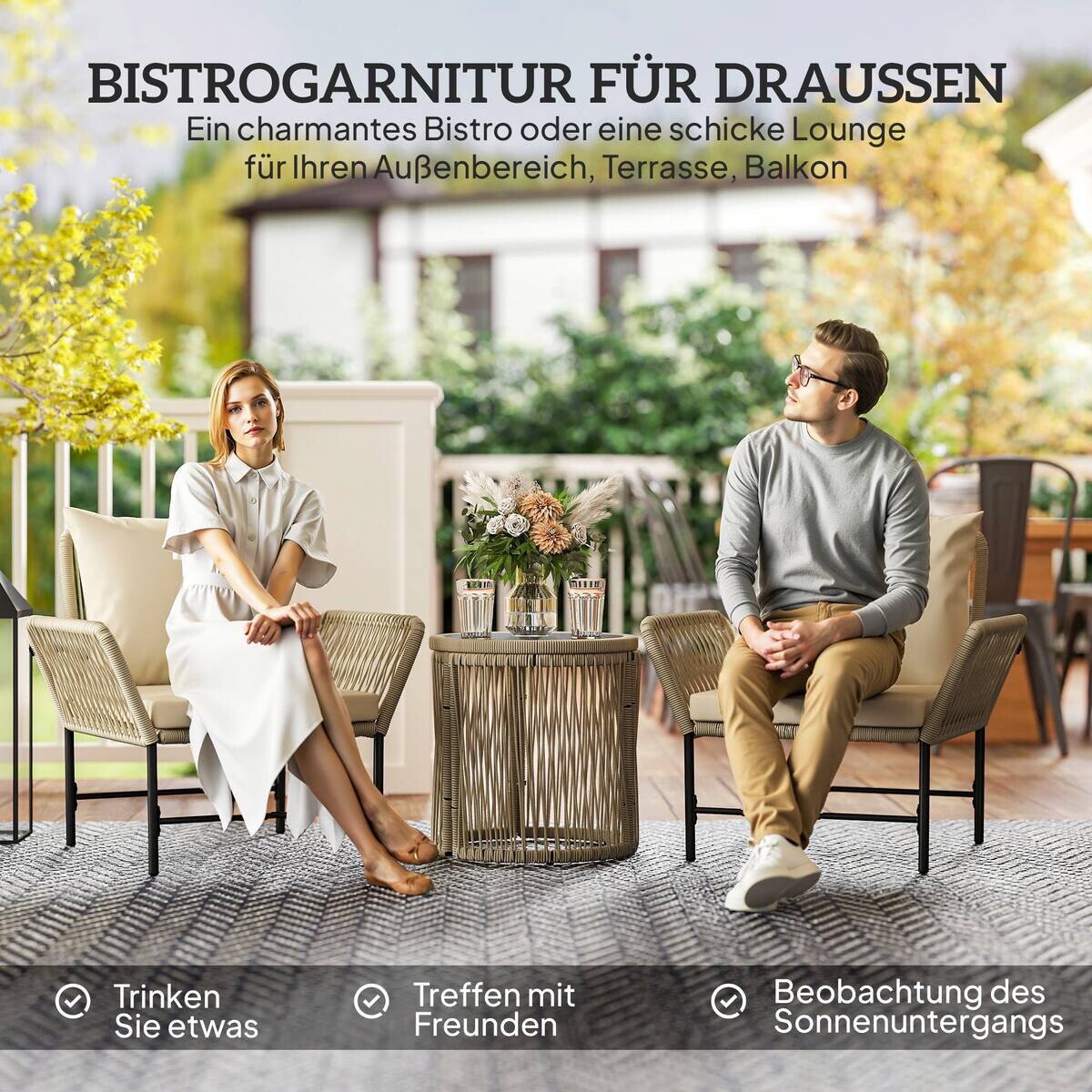 Outsunny Rattan Gartenmöbel-Set khaki Polyethylen B/H/L: ca. 74x79x80 cm