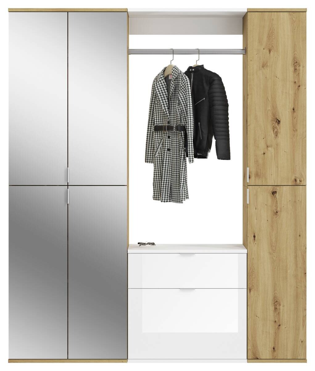 Garderobe PROJEKT Eiche Artisan Nachbildung weiß Hochglanz Spiegel B/H/T: ca. 152x193x34 cm
