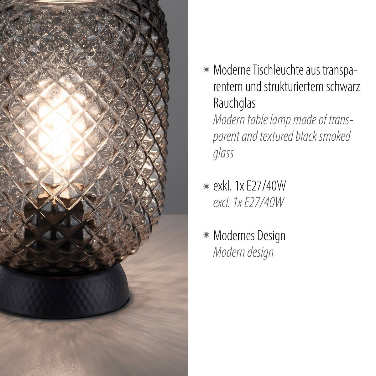 Just Light Tischleuchte 14906-18 schwarz Rauchglas H/D: ca. 23x15 cm E27 1 Brennstellen