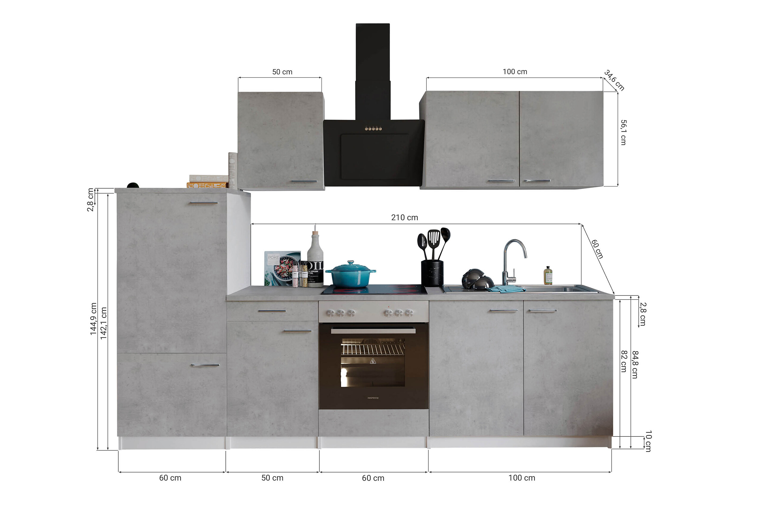 Respekta Küchenblock Malia Beton Optik B/H/T: ca. 270x200x60 cm