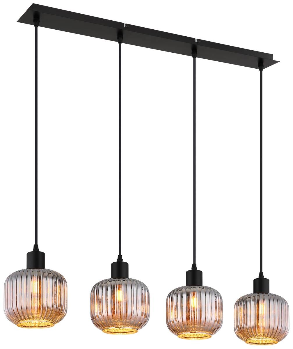GLOBO Pendelleuchte Tom schwarz Rauch Metall Glas B/H/L: ca. 80,8x120x15 cm E14 4 Brennstellen