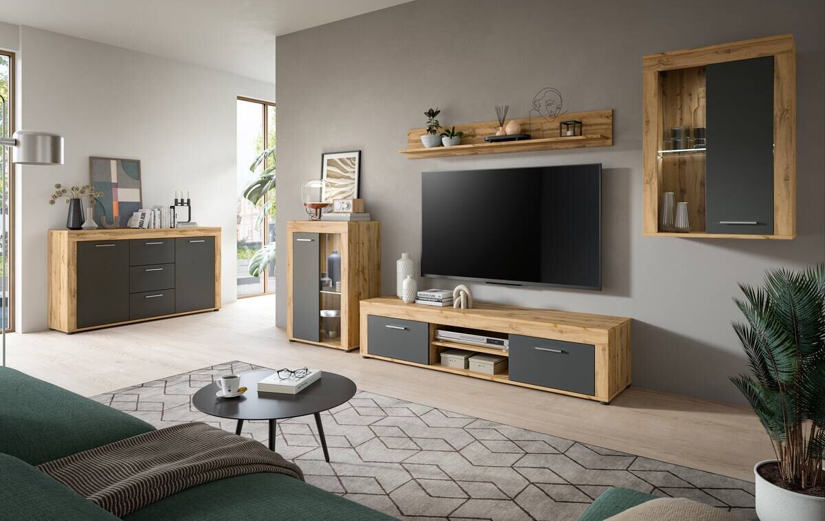 Wohnwand Jam Eiche Wotan Nachbildung grau B/H/T: ca. 330x169x35 cm