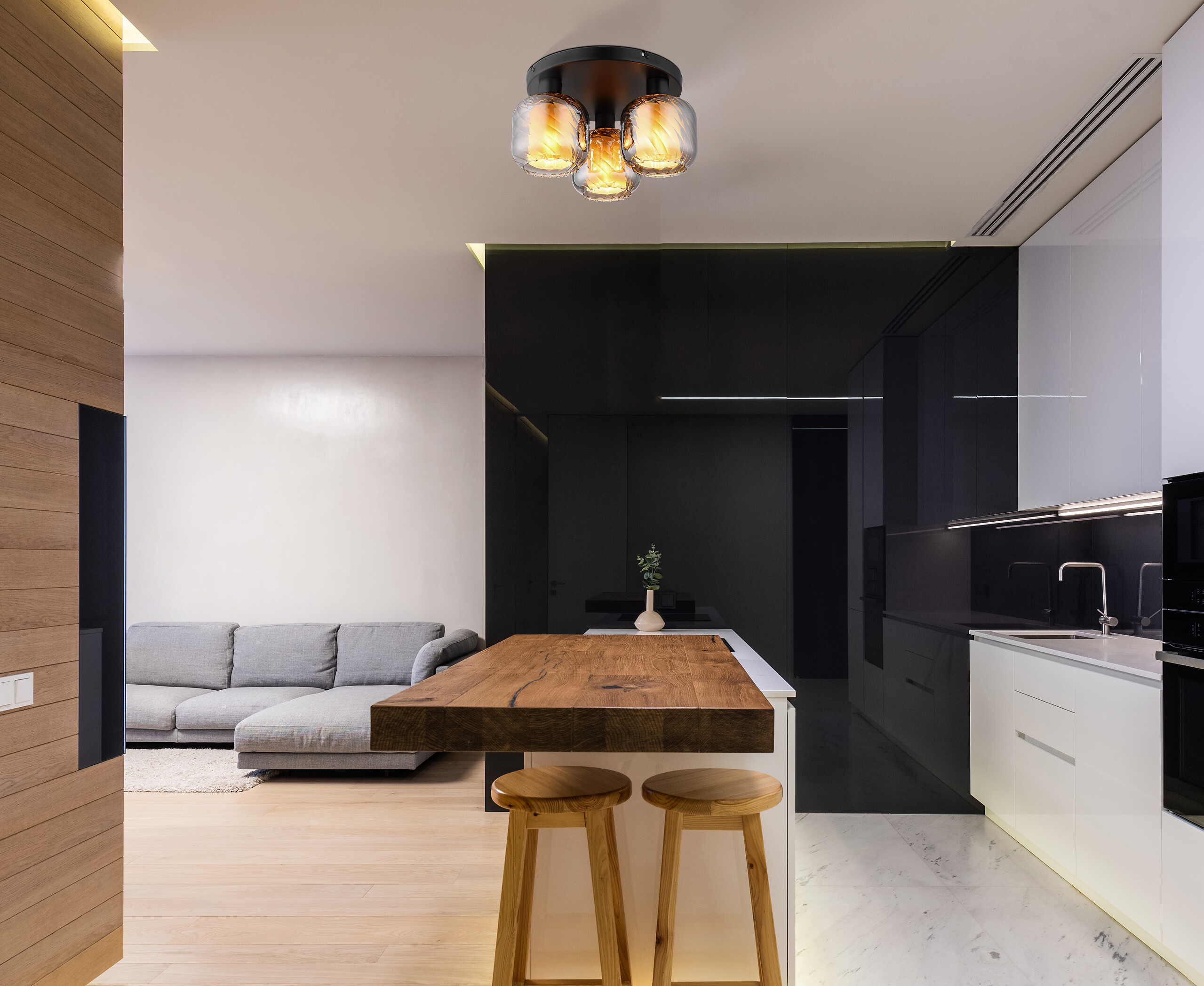 GLOBO Deckenleuchte mattschwarz Rauch Metall Glas H/D: ca. 19x37 cm E27 3 Brennstellen