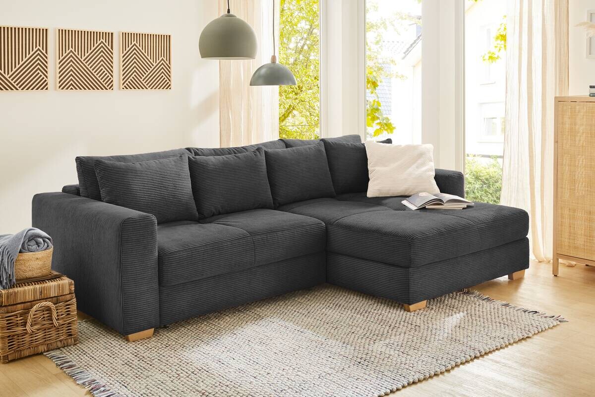 Ecksofa mit Bettfunktion und Bettkasten grau Velourstoff B/H/T: ca. 288x86x186 cm