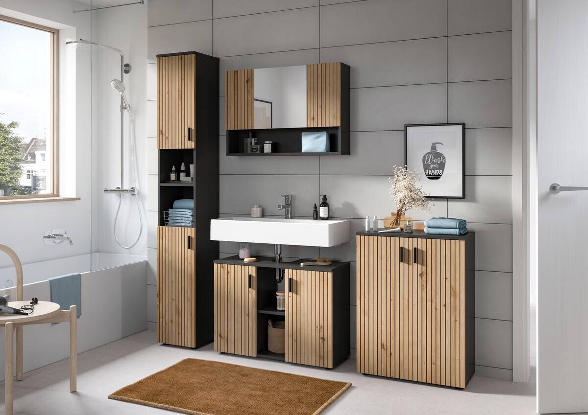 Badezimmer-Set Mone Basalt Nachbildung Artisan Oak Nachbildung B/H/T: ca. 155x180x30 cm