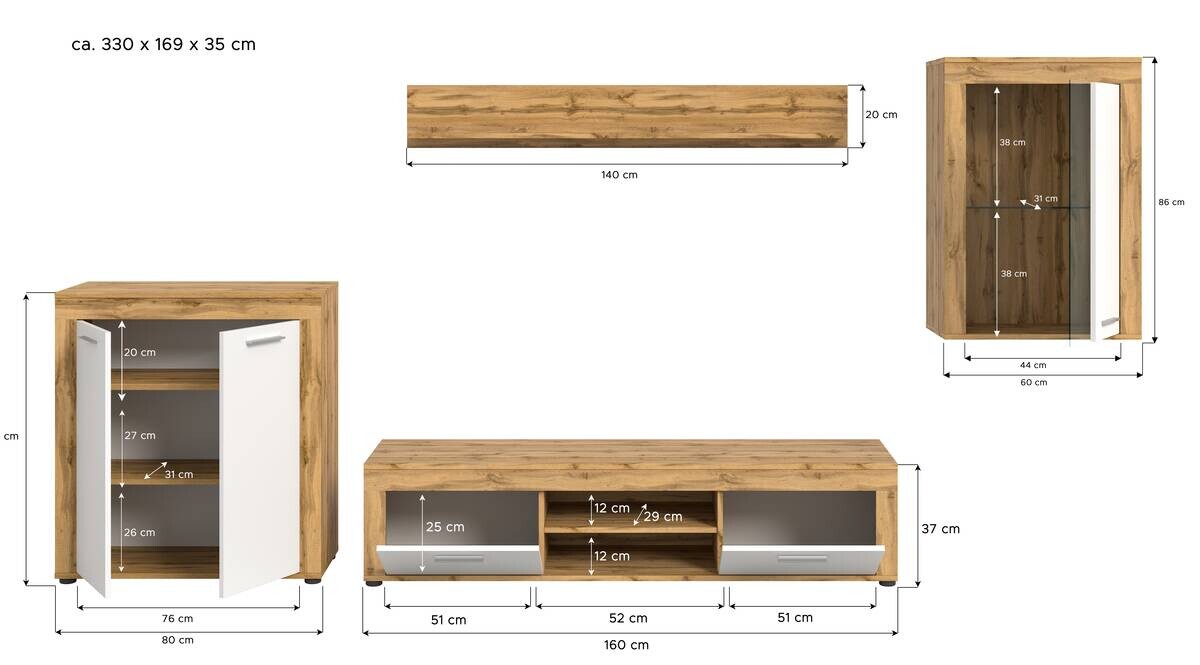 Wohnwand Jam Eiche Wotan Nachbildung weiß B/H/T: ca. 330x169x35 cm