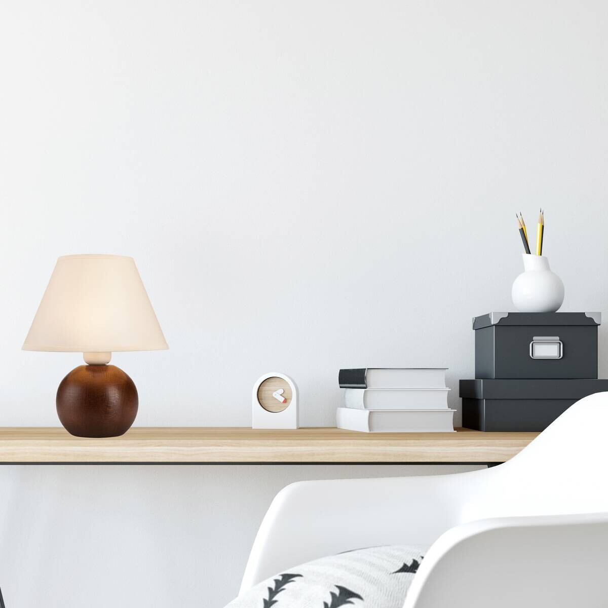 Lamkur Tischleuchte Ball natur Stahl Holz Stoff H/L: ca. 24x19 cm E27 1 Brennstellen